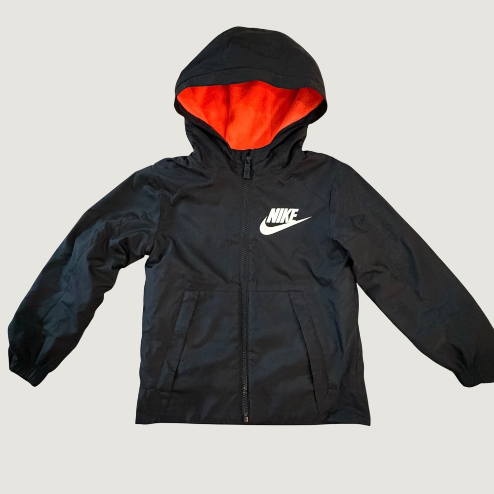 Nike Kids Hooded Windbreaker Jacket Black Orange Fleece Lined Size 5 4-5 YRS